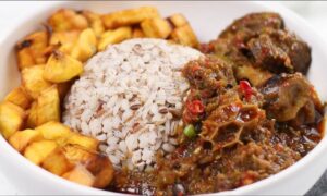 Ofada Rice Combo(With Protein Fish/Meat And Fried Plantain